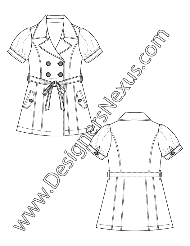 012- technical flat sketch banded puff sleeve trench-style coatdress