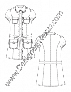 012- fashion technical flats ruffle trim shirtdress puff sleeves