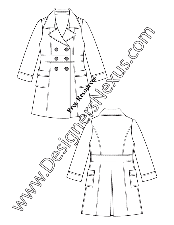 013- notched collar double breasted trench coat flat fashion sketch