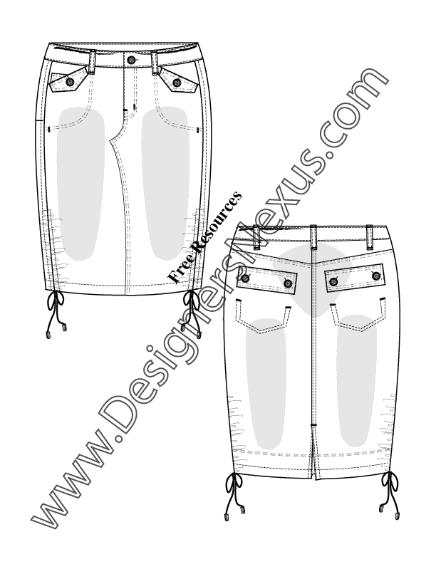 015- illustration flat sketch template pencil skirt adjustable ruched hem