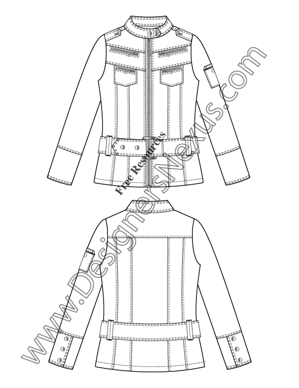 Belted Moto Jacket V15 Flat Fashion Sketch Template - Designers Nexus