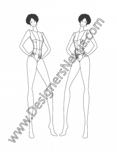 015- female fashion croqui template three-quarter pose hands on hips