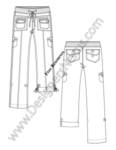 015- illustrator fashion flat sketch rib knit drawstring waistband pants cargo pockets