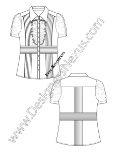 015- illustrator flat sketch short ruched sleeve ruffle front pin-tuck blouse