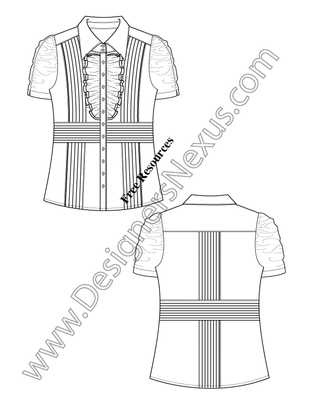 015- illustrator flat sketch short ruched sleeve ruffle front pin-tuck blouse