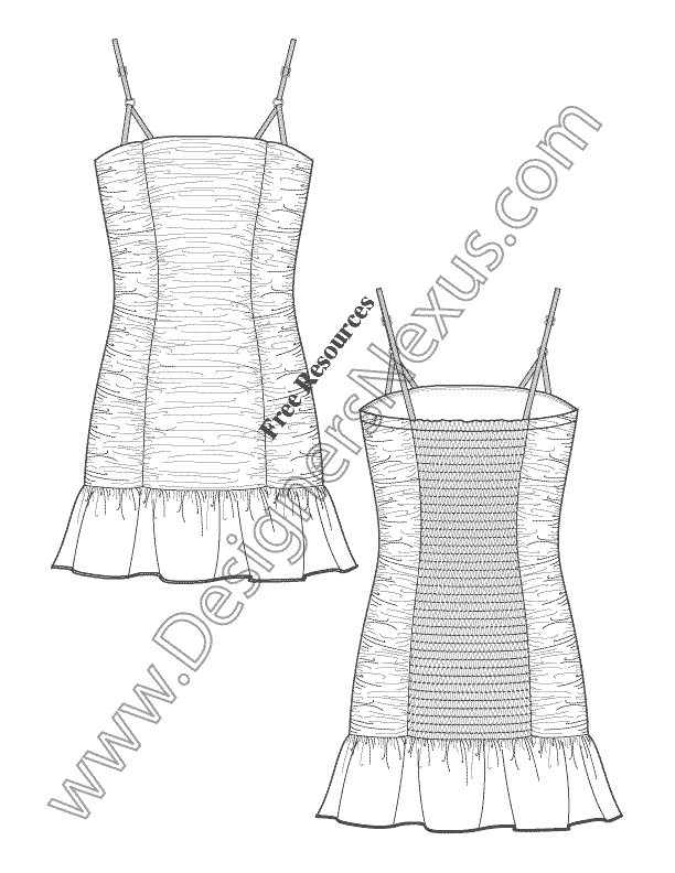 016- illustrator fashion flat sketch ruched tube dress ruffle hem back smocking