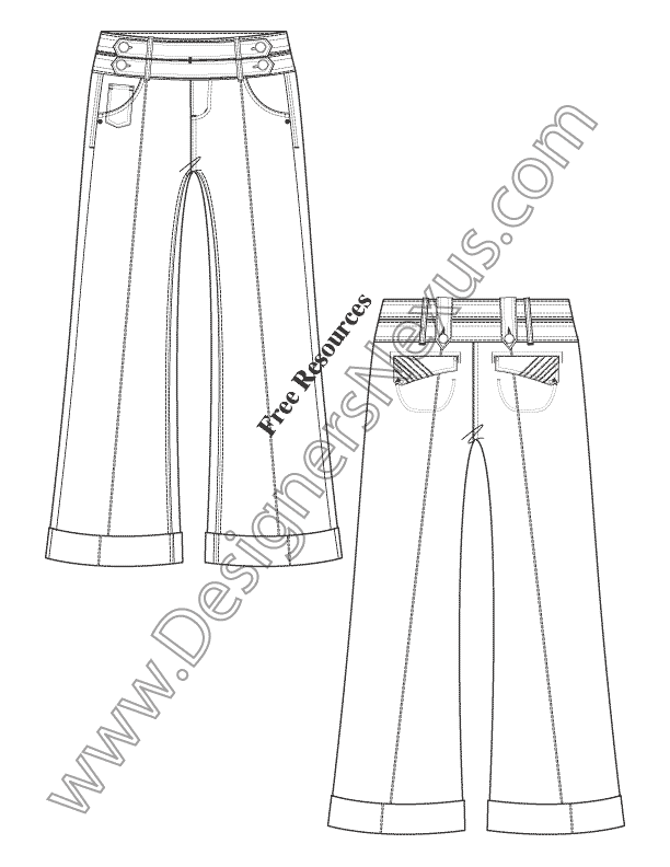 Adobe Illustrator Fashion Flat Sketch Sailor Waist Wide-Leg Pants ...