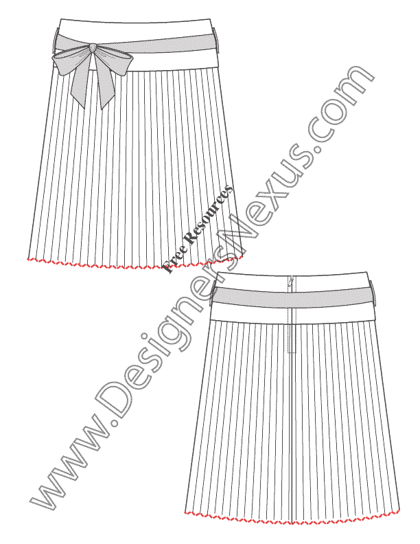 019- belted accordion pleated skirt illustrator flat fashion sketch