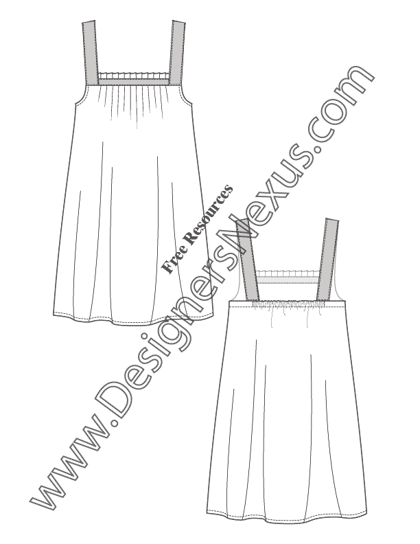 019- ribbon strap pleated neckline dress illustrator flat fashion sketch