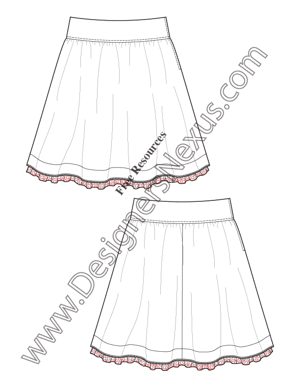 020- wide waistband gathered skirt flat fashion sketch template