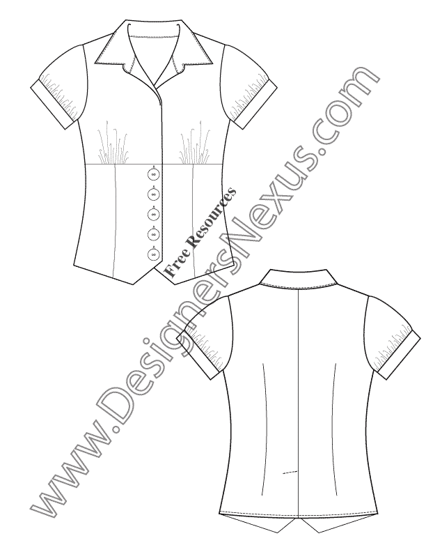 021- empire seam puff sleeve blouse flat fashion sketch