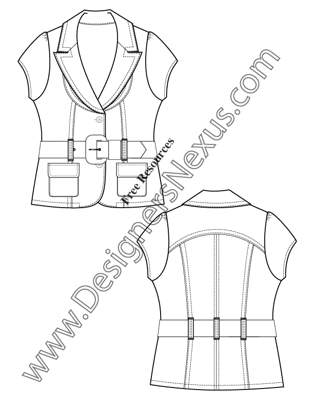 021- cap sleeve belted blazer illustrator flat fashion sketch