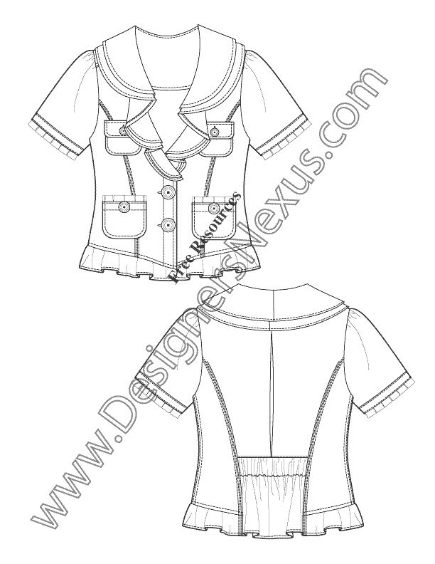 024 cascade collar ruffle hem blazer illustrator flat fashion sketch template