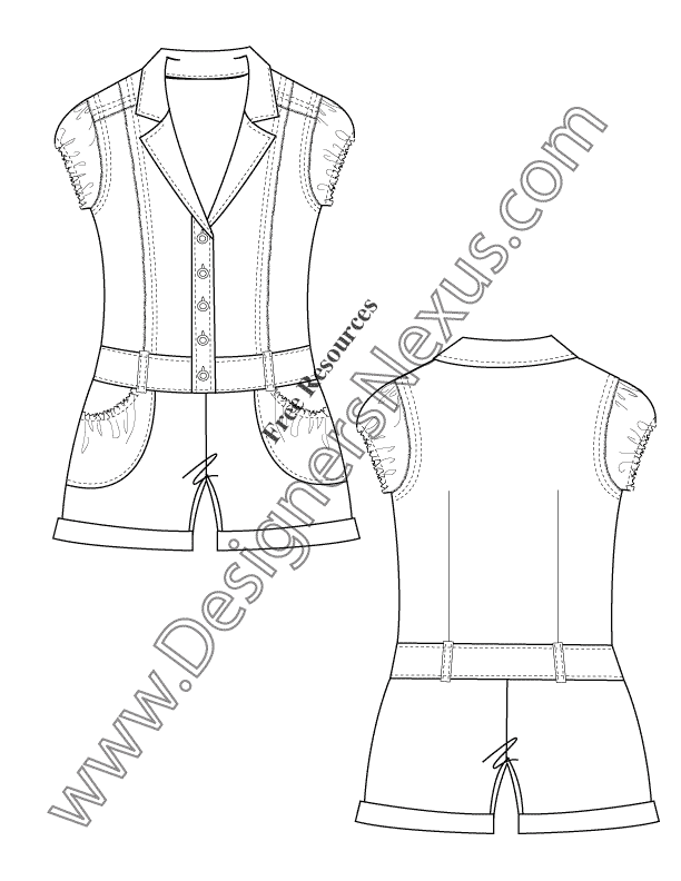 V25 Cap Sleeve Romper Flat Fashion Sketch Template - Designers Nexus