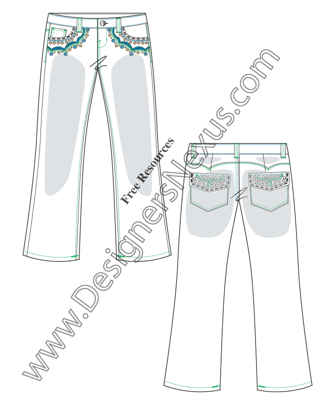 026- embroidered flare jeans pants flat fashion sketch template