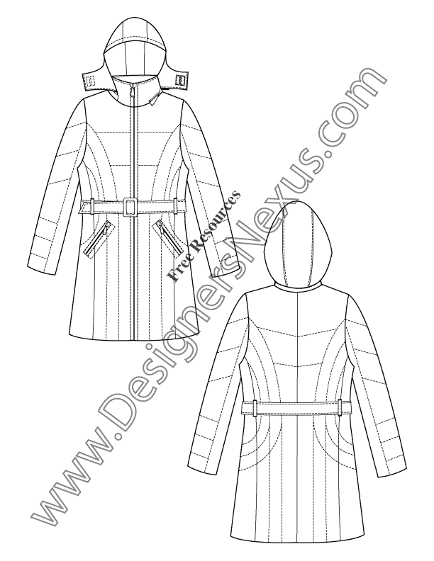 026- hooded belted puffer coat illustrator flat fashion sketch template