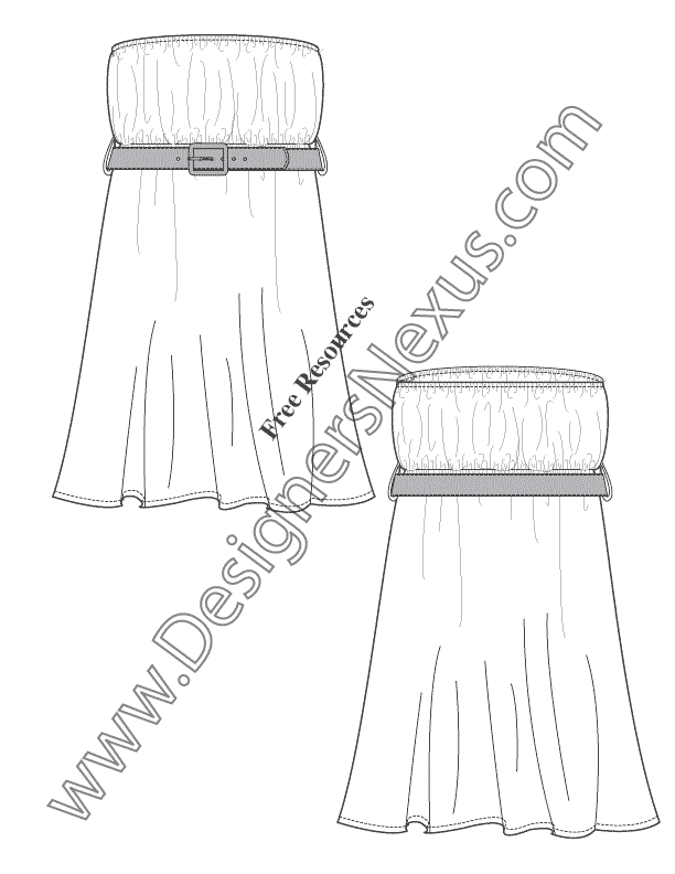 026- strapless belted baby-doll dress illustrator flat fashion sketch template