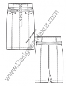 028- belted high-waist pencil skirt flat fashion drawing template