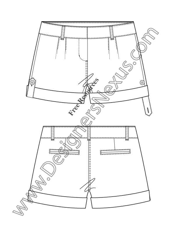 028- button tab roll cuff shorts flat fashion sketch