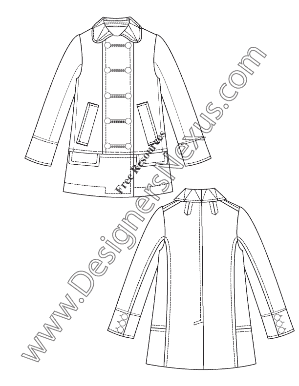 V28 Double-Breasted Military Inspired Coat Flat Fashion Sketch ...