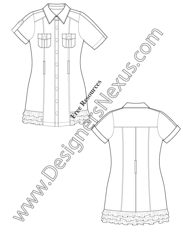028- ruffle hem sleeve shirtdress flat fashion sketch template