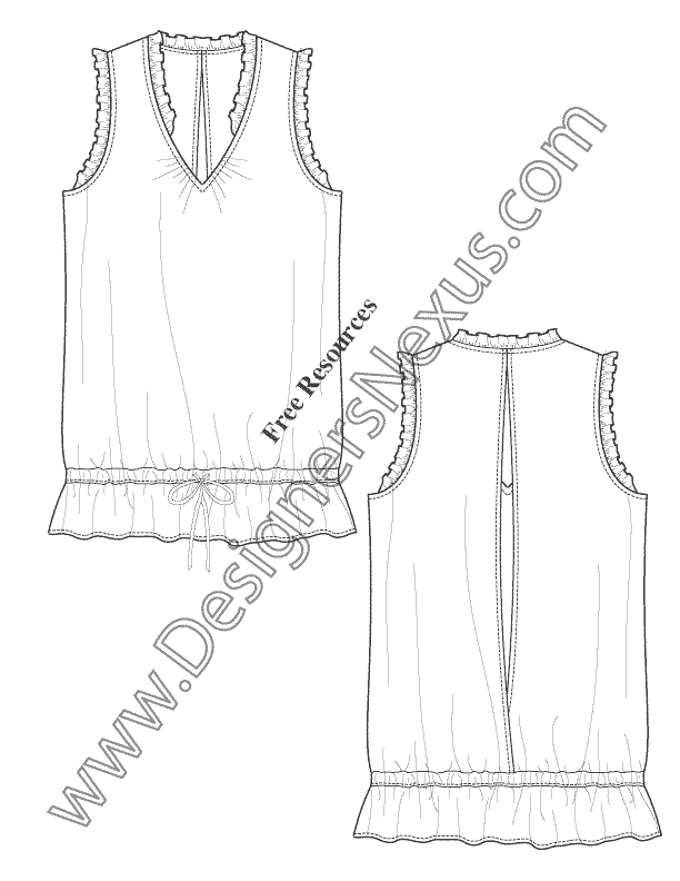 029- sleeveless v-neck ruffle trim top flat fashion sketch