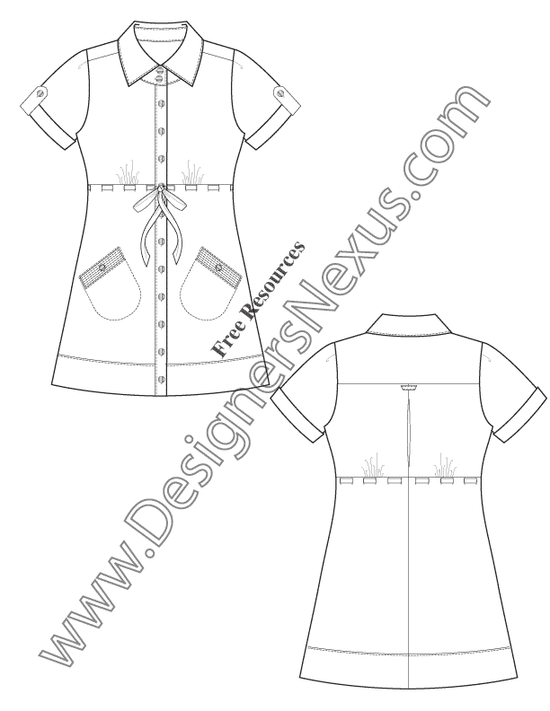 030- drawstring waist shirtdress flat fashion sketch dress