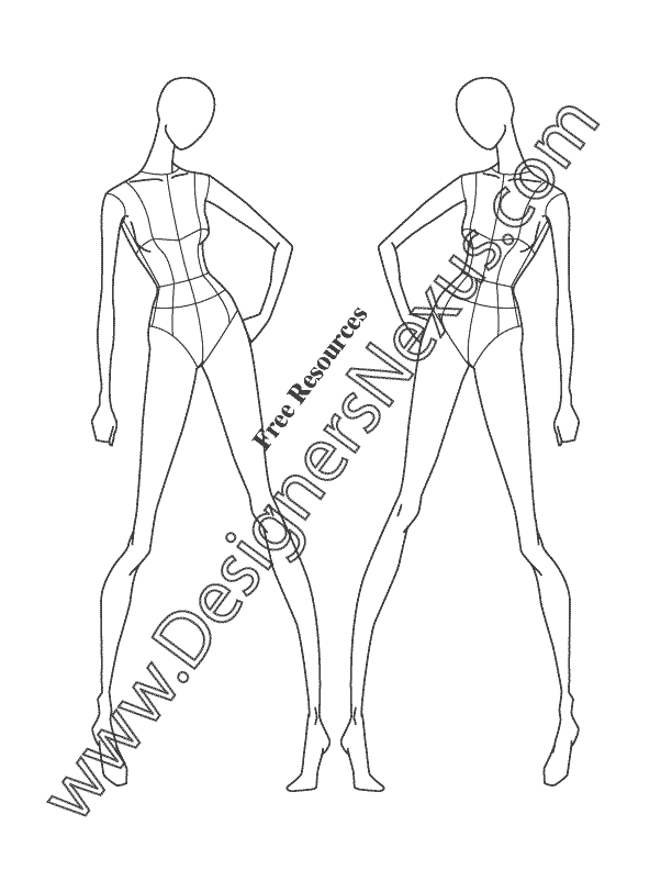 030- female fashion croquis template three quarter view