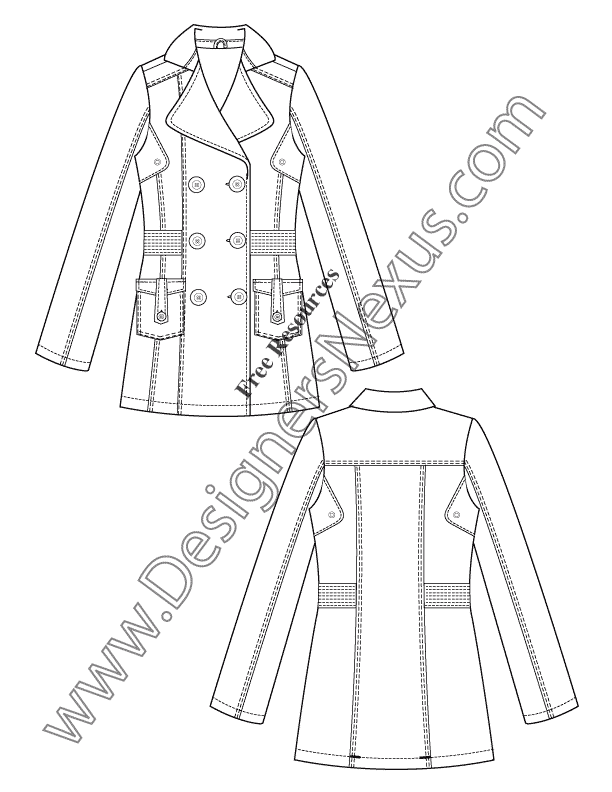 031- double breasted notched collar trench coat flat fashion sketch