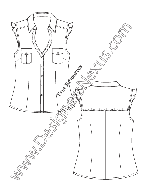 032- flutter sleeve blouse flat fashion sketch template