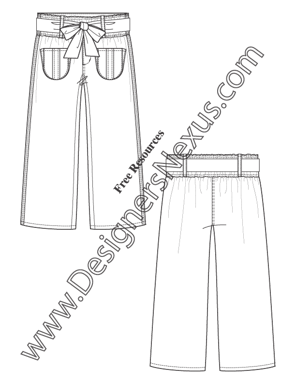 034 paperbag waist pants flat fashion sketch template