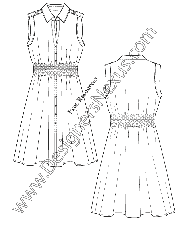 034- shirtdress fashion flat sketch template illustrator