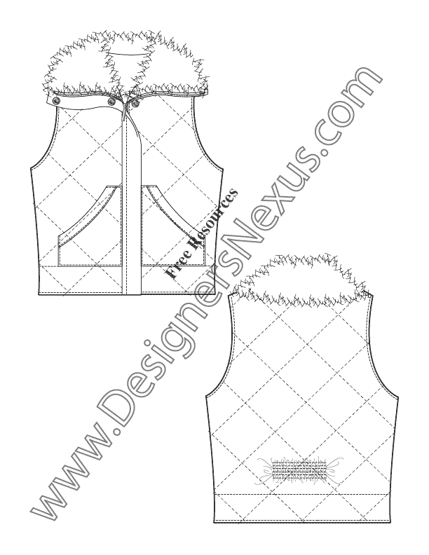 035- diamond quilted fur collar vest flat fashion sketch template