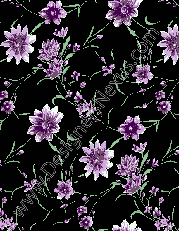 035- purple floral print black ground seamless digital pattern print
