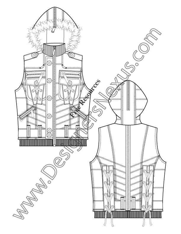 037- fur hooded lacing vest flat fashion sketch