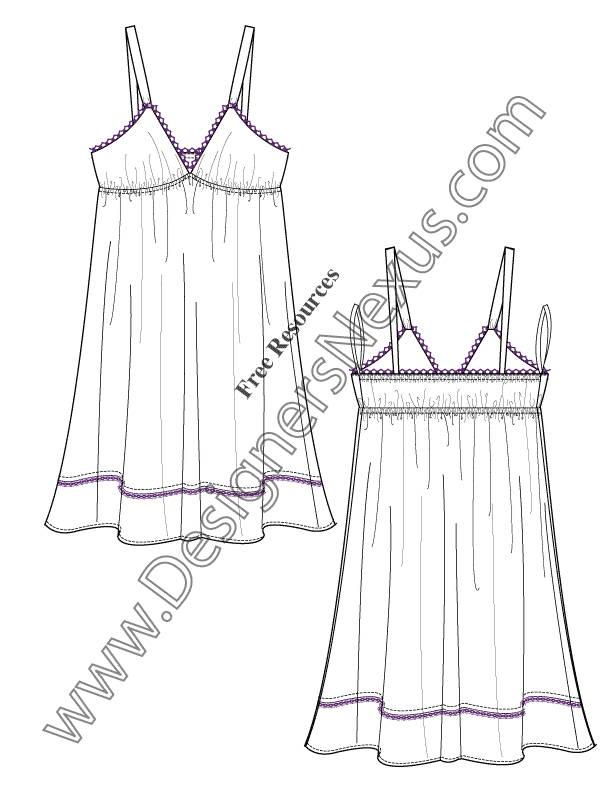 038- babydoll lace trim dress flat fashion sketch
