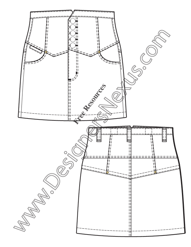 043- high-waist yoke skirt flat fashion sketch