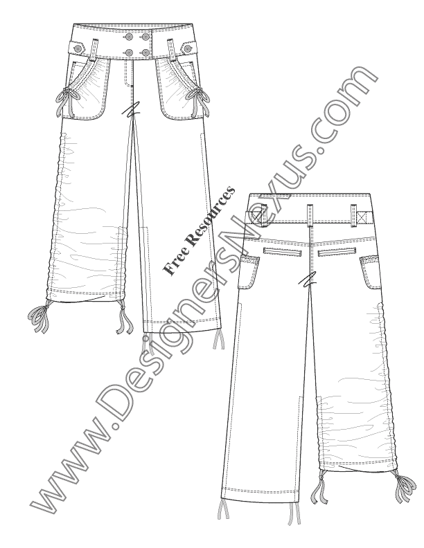 044- flat sketch wide waist cinch leg cargo pants flat sketch