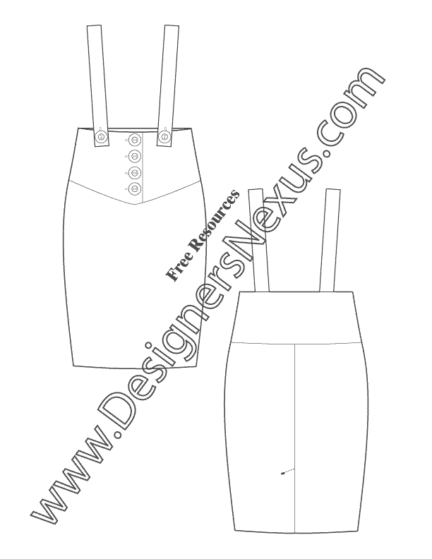 045- flat fashion design sketch template high waist pencil skirt button suspenders
