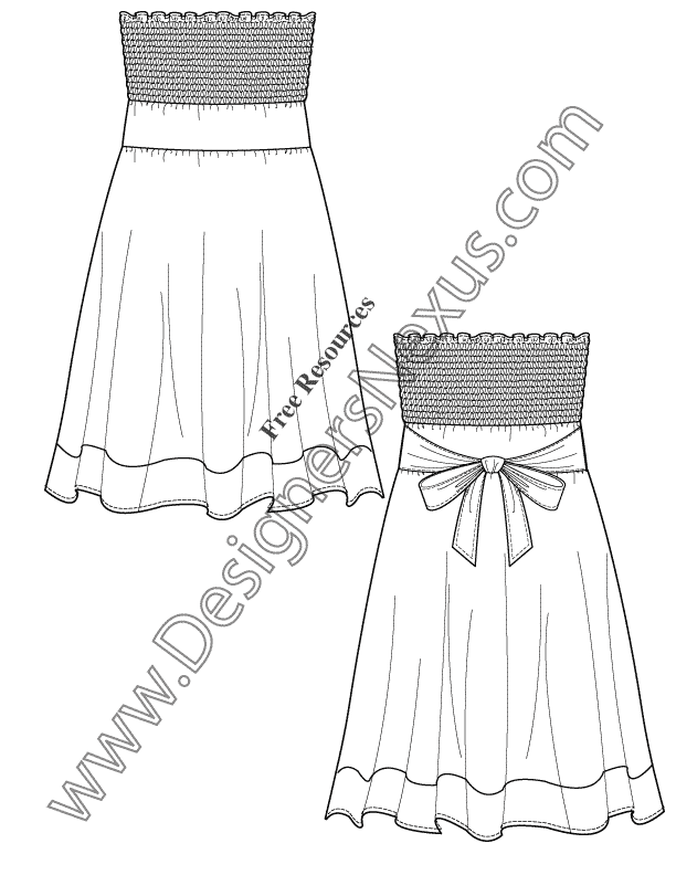 046- strapless smocked sundress flat fashion sketch dress template