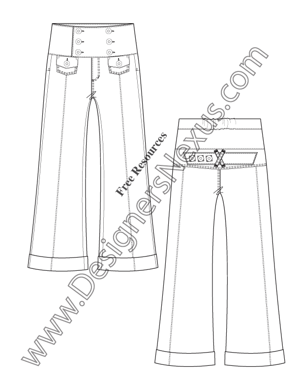 V48 High Waist Pants Free Flat Fashion Sketch Template