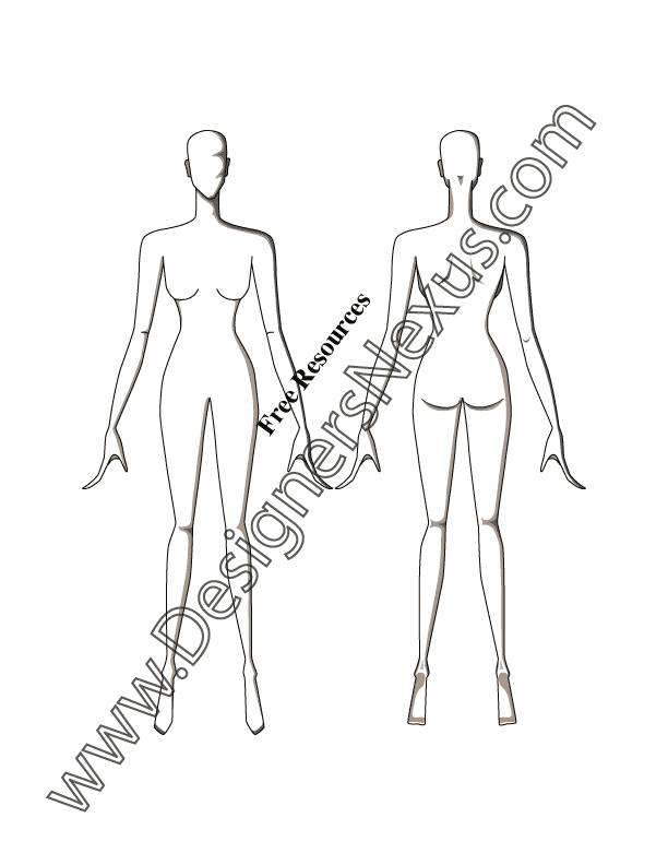 051- front-back poses female fashion croqui template