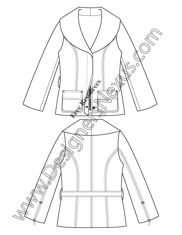 Shawl Collar Coat V52 Illustrator Flat Fashion Sketch Template ...