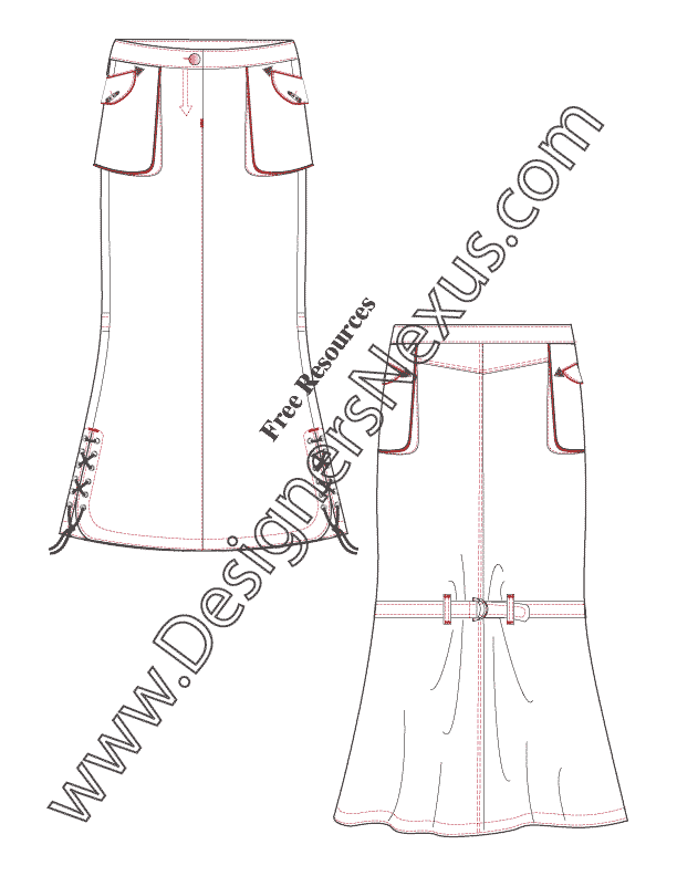 055- illustrator fashion flat sketch template maxi skirt lace-up hem