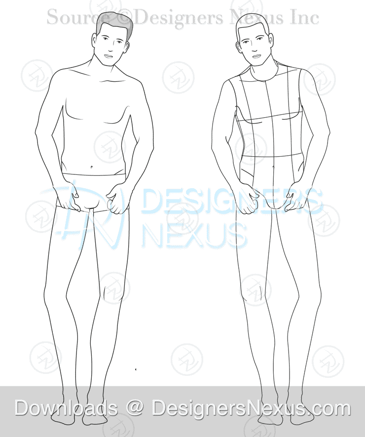 Male fashion model standing, front, and back views. Nine-head fashion  figure template. Handsome young man, vector line illustration. Man fashion  sketch. Stock Vector | Adobe Stock