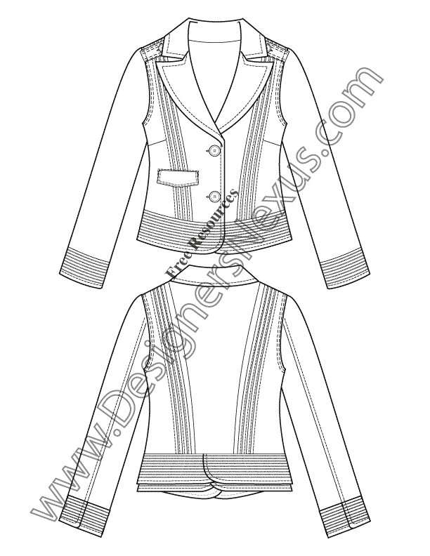 059 Pin tuck blazer chainstitch details illustrator flat fashion sketch template