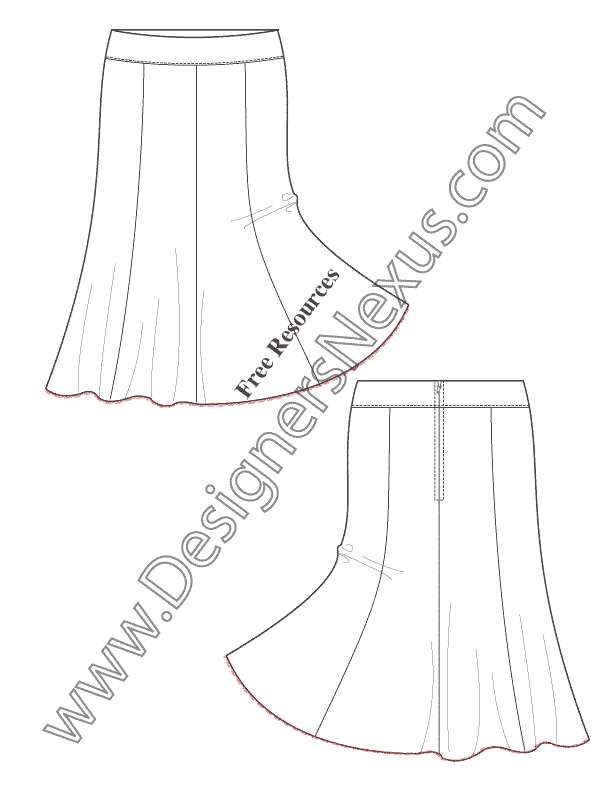 062- 8-gore skirt illustrator flat fashion sketch template