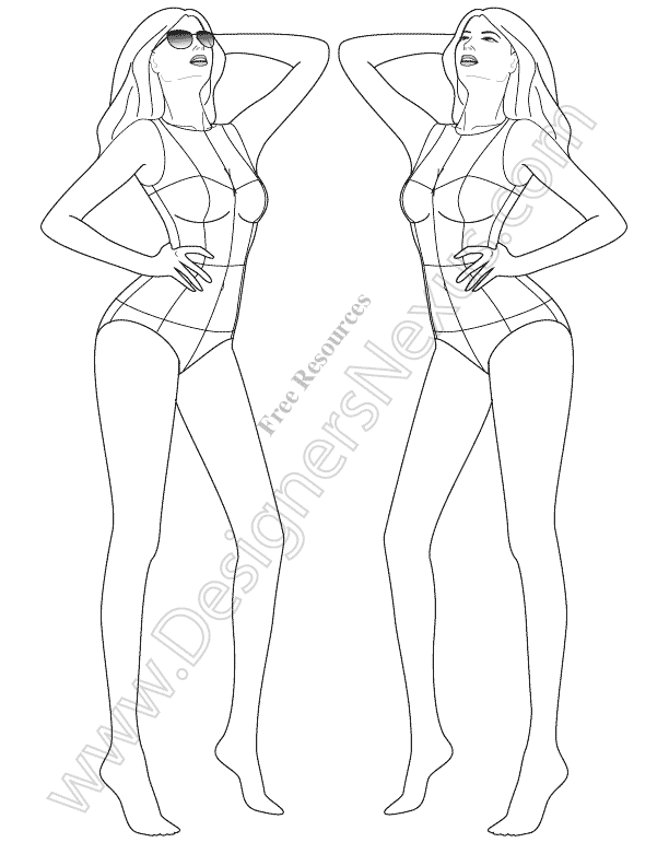 V63: ¾ View Female Croqui Fashion Figure Template