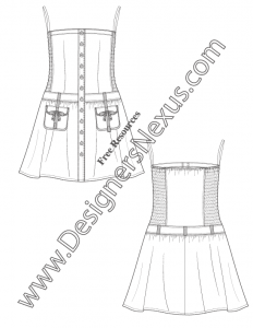 065- strapless button front back smocking dress illustrator flat fashion sketch