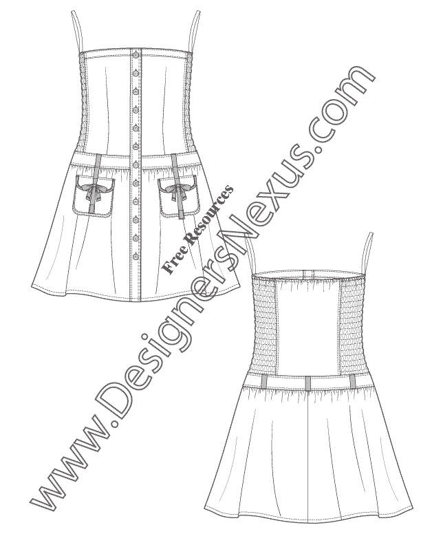065- strapless button front back smocking dress illustrator flat fashion sketch